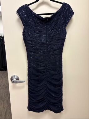 Ralph Lauren Navy Ruched Sequin Midi Dress